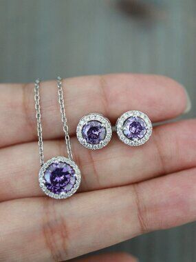 Purple AAA CZ Diamond Round Halo Jewelry Set Silver Stainless Steel N/E